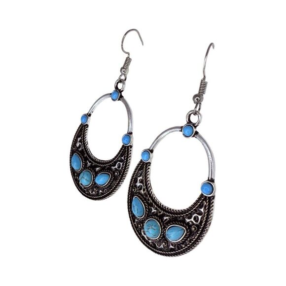 Faux Turquoise Silver Tone Dangle Earrings 2.5" Bohemian Boho Chic Southwestern - Picture 3 of 11